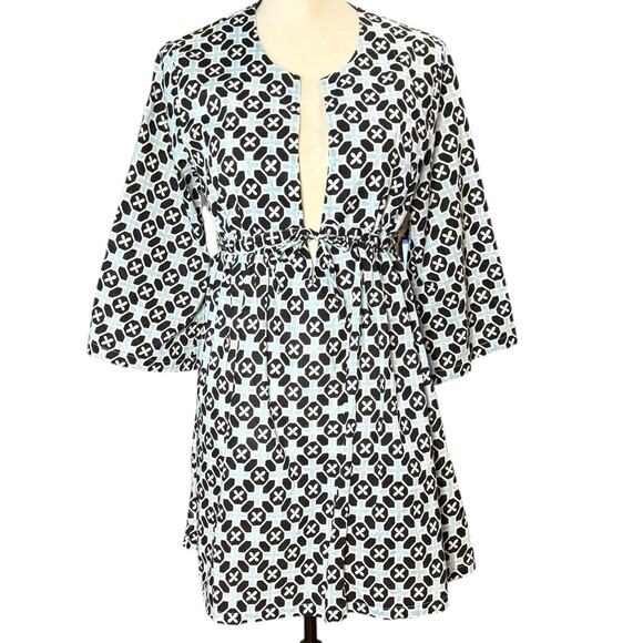 Talbots Women's Geometric Tunic Dress Swim Coverup White Blue Black Cotton Small - Picture 1 of 11